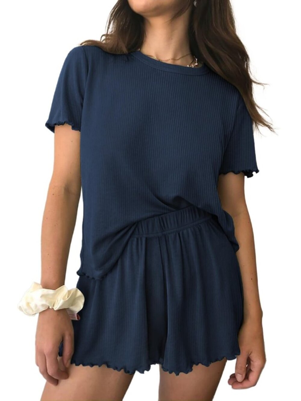 Womens Pajamas 2 Piece Ribbed Knit Pjs Short Sleeve Lounge Sets